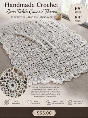Handmade White Crochet Lace Table Cover 65” x 53” – Floral Vintage Style